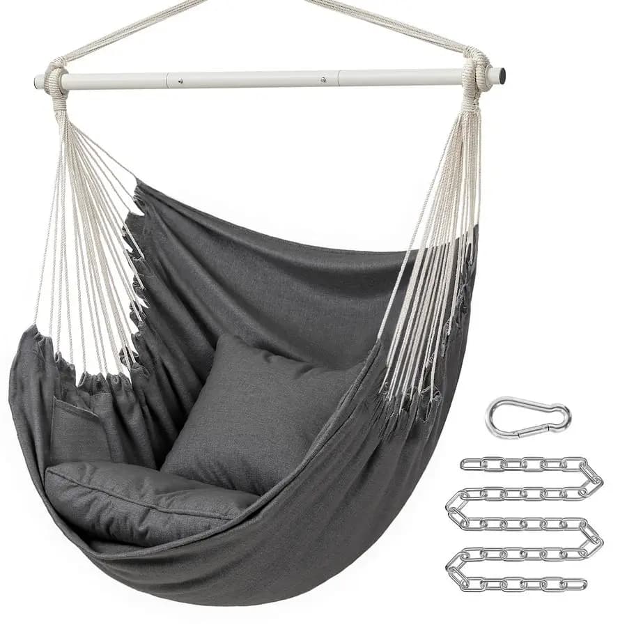 Suspended chair, 227 kg, with 2 cushions, large hammock with chain and pocket, for interior and exterior