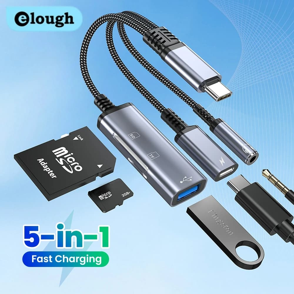 Elough Multi Functional 5 in 1 Type-C to 3.5mm Digital Audio Adapter SD/TF/USB Card Reader for iphone 15 16 17 Samsung
