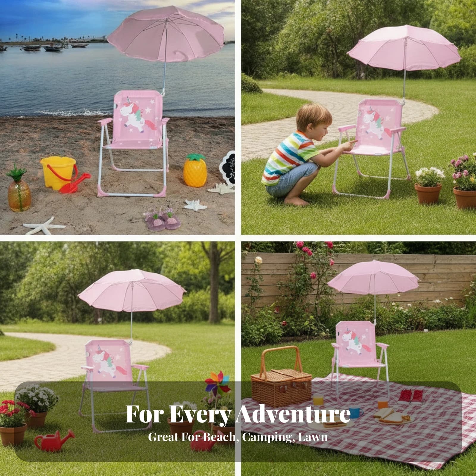 Kids Beach Chair with Umbrella Collapsible Portable Kids Camp Chair Recreation Gear Cloth Seat for Camping