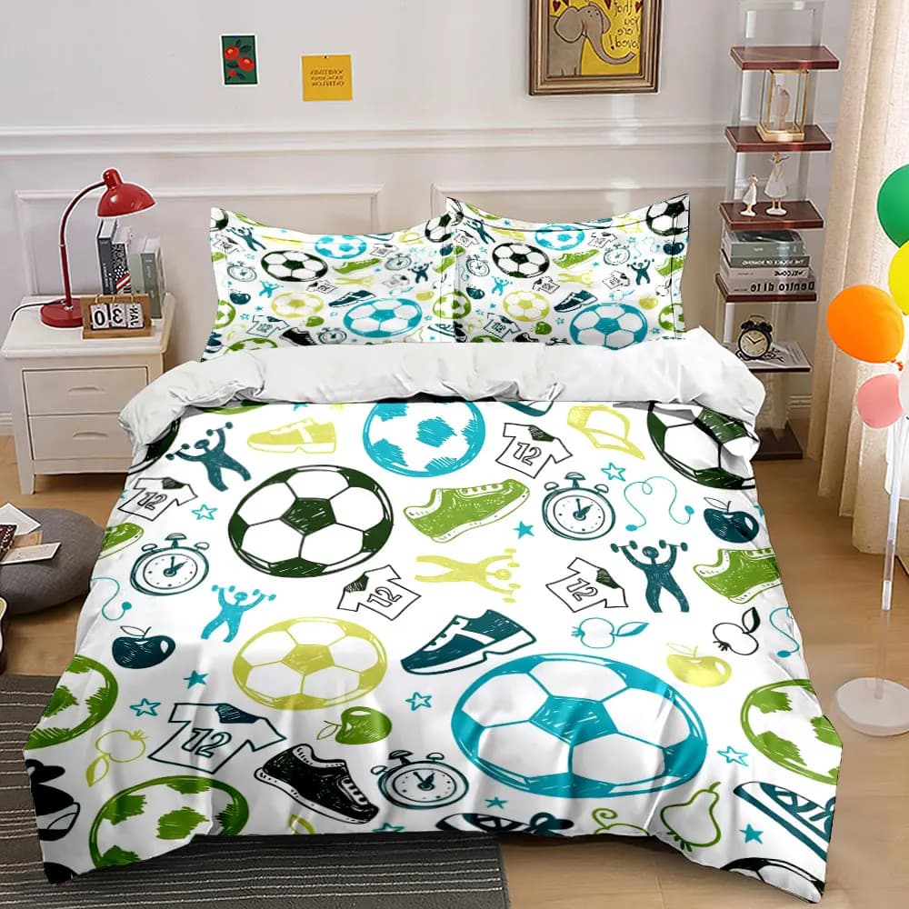 Set copripiumino con motivi a cartoni animati a tema sportivo, stampa digitale, biancheria da letto in poliestere colorato con chiusura a cerniera, ideale come regalo per bambini