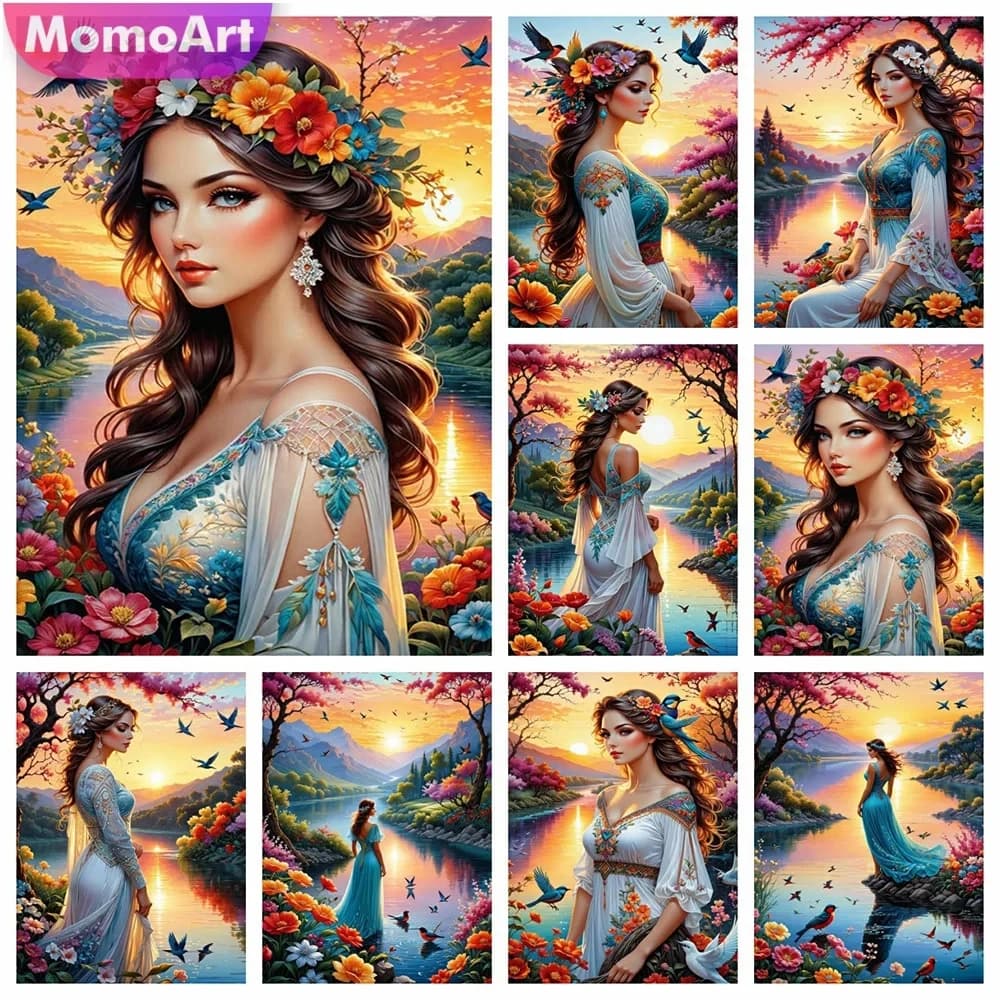 MomoArt 5D fai da te donna pittura diamante tramonto nuovo arrivo mosaico ritratto ricamo lago fiore Decor per la casa