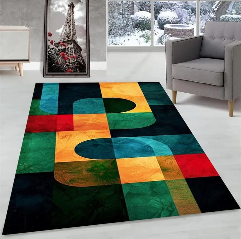 Mid Century Modern Rug Abstract Geometric Art Non-Slip Area Room Play Mat Soft Non-slip Decor Carpet for Bedroom Living Room