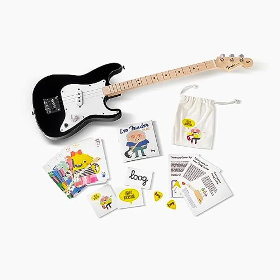 ' beginner electric guitar for learning, black Stratocaster-style 3-string with chord flash cards, app, booklet, picks, and sti