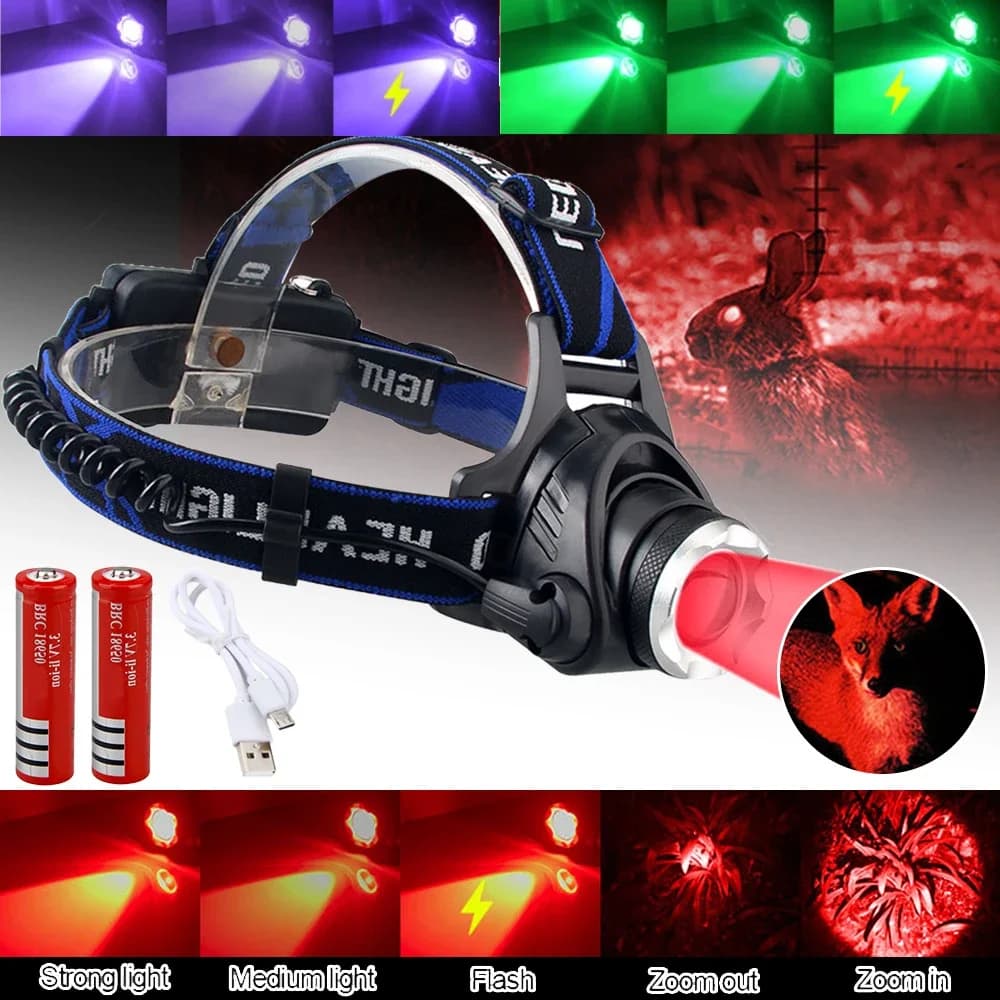 Lampada frontale Luce rossa Testa verde Torcia a LED Lampada da esterno XPG Faro tattico da campeggio Caccia Pesca Lampada da pesca zoomabile