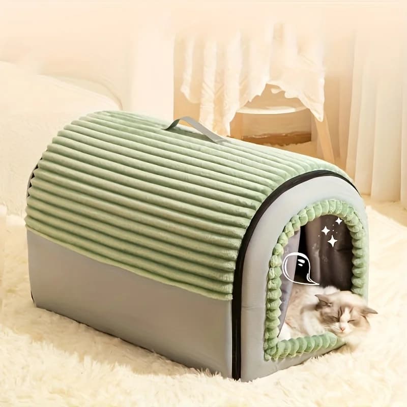 Casetta per animali chiusa con tenda per porta: letto per cani e gatti per interni per tutte le stagioni, tenda calda lavabile staccabile per piccoli animali