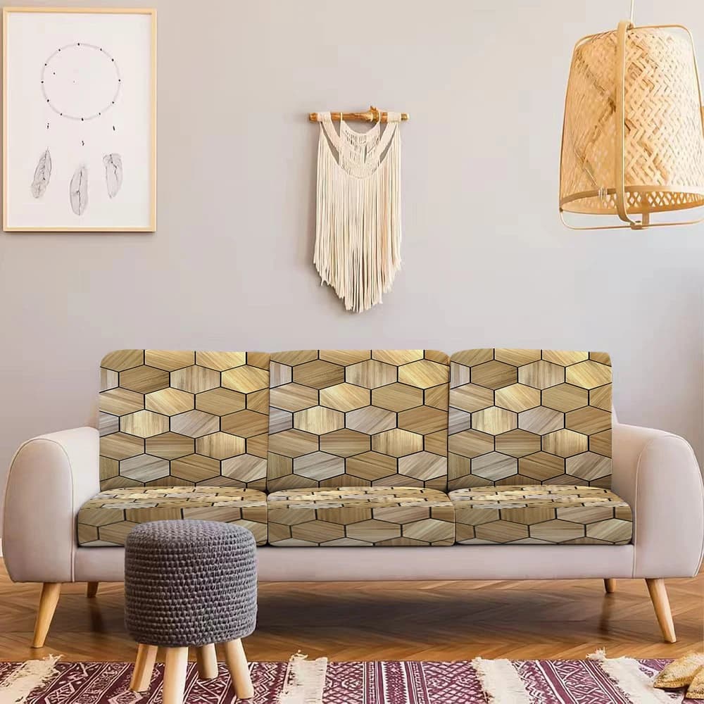 Copertura per Divano da Esterno Estiva con Motivo Esagonale Effetto Legno, Tessuto Elastico in Seta di Latte, Universale per Interni