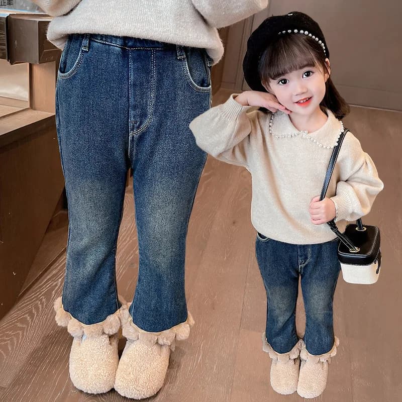 Jeans Invernali per Bambine, Moda Coreana, Pantaloni a Zampa Imbottiti e Spessi, per Bambini 1-6 Anni, Jeans Invernali per Bambini