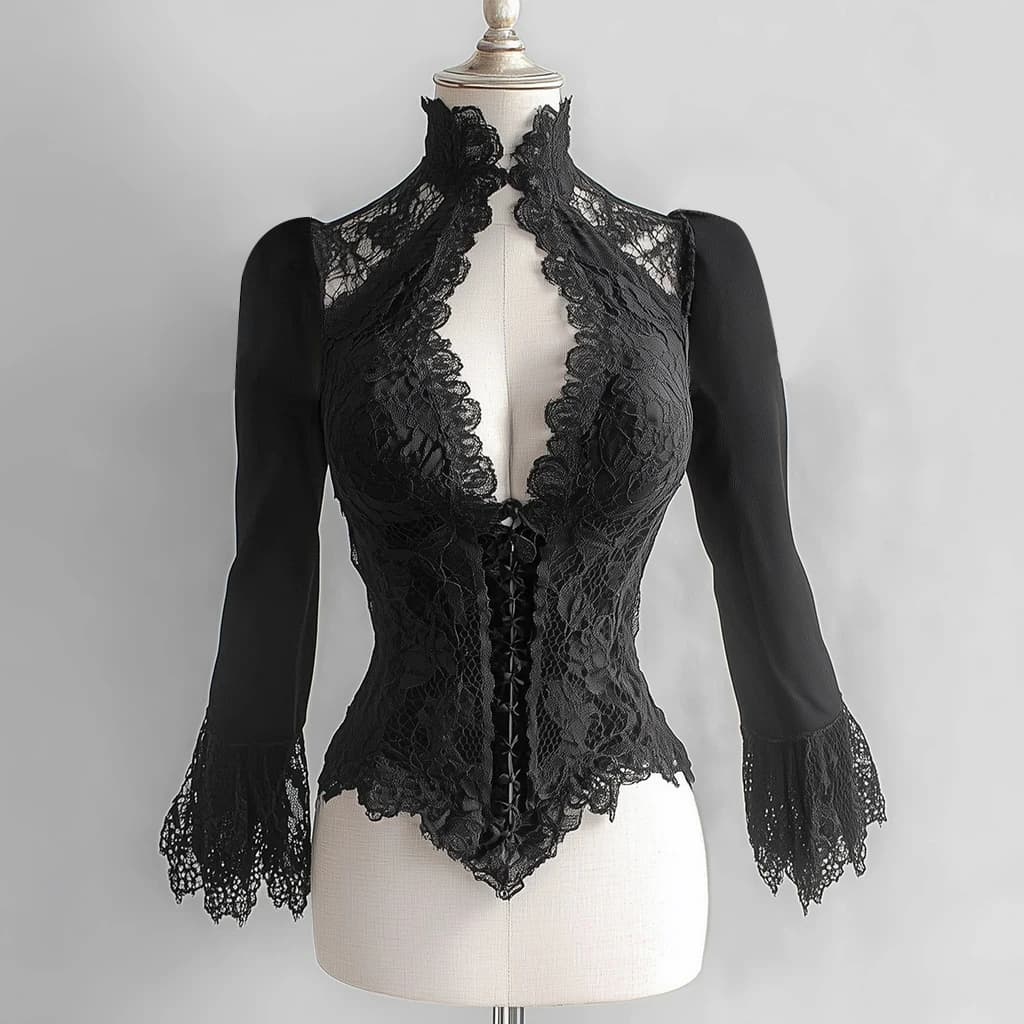 Camicetta di pizzo da donna Top Colletto alla coreana Scava fuori Orlo asimmetrico Manica svasata Sexy scollo a V Punk gotico Retro Camicetta sottile Top 2025