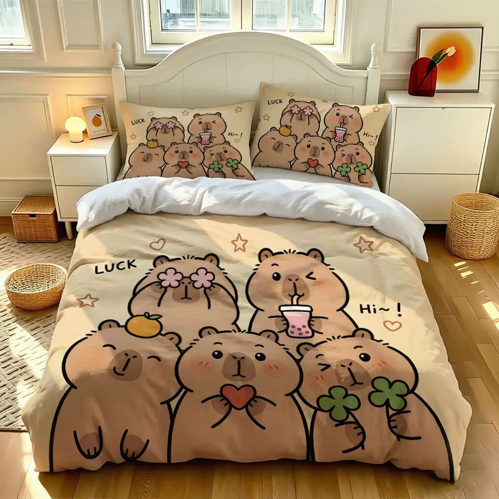 3PCS Duvet Cover Set Capybara Cute Cartoon Print Bedding Kids Girls Women Soft Microfiber Quilt Cover Pillowcases