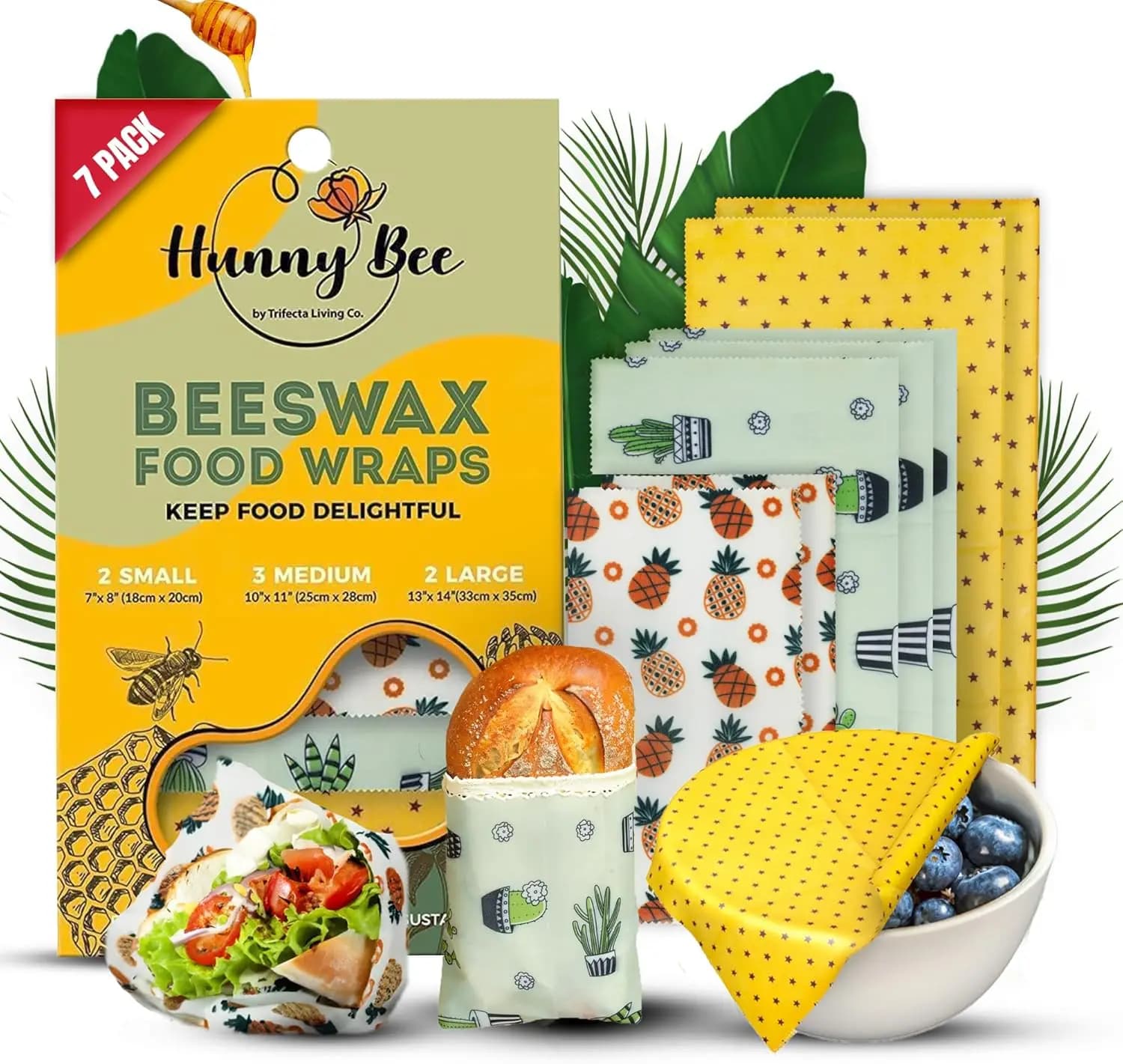 Set di 7 Involucri in Cera d'Api, Contenitori per Alimenti Freschi per Sandwich, Frutta e Verdura, Riutilizzabili, Durevoli, Zero-Rifiuti, per la Conservazione in Cucina