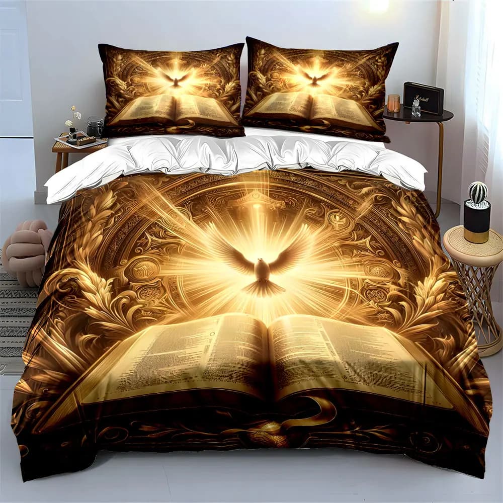 Set di biancheria da letto con stampa libro sacro e colomba bianca radiosa, morbido e confortevole, include 1 copripiumino e 2 federe.