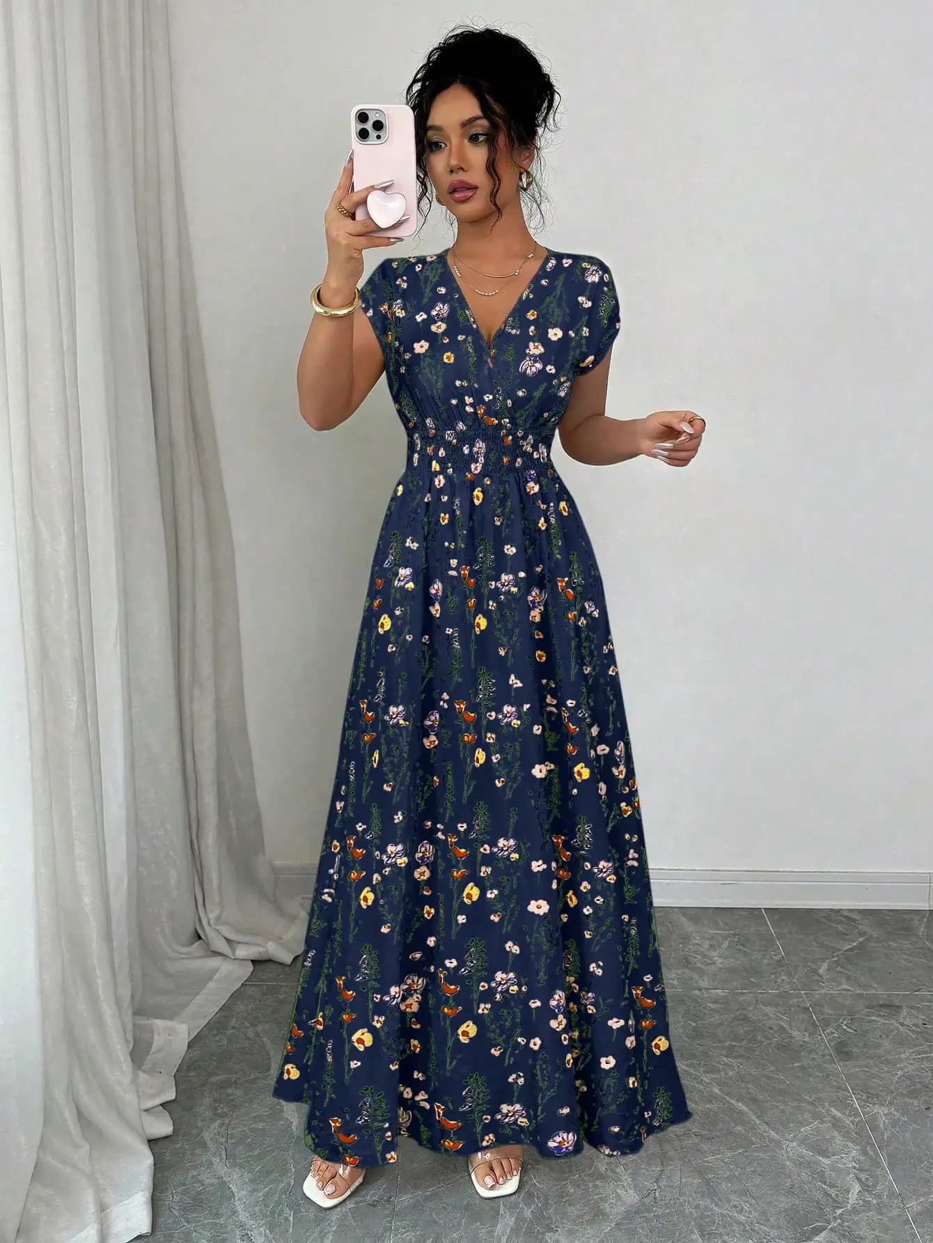 Selianne Women's Floral V-Neck Sleeveless Waist Cinched Maxi Dress