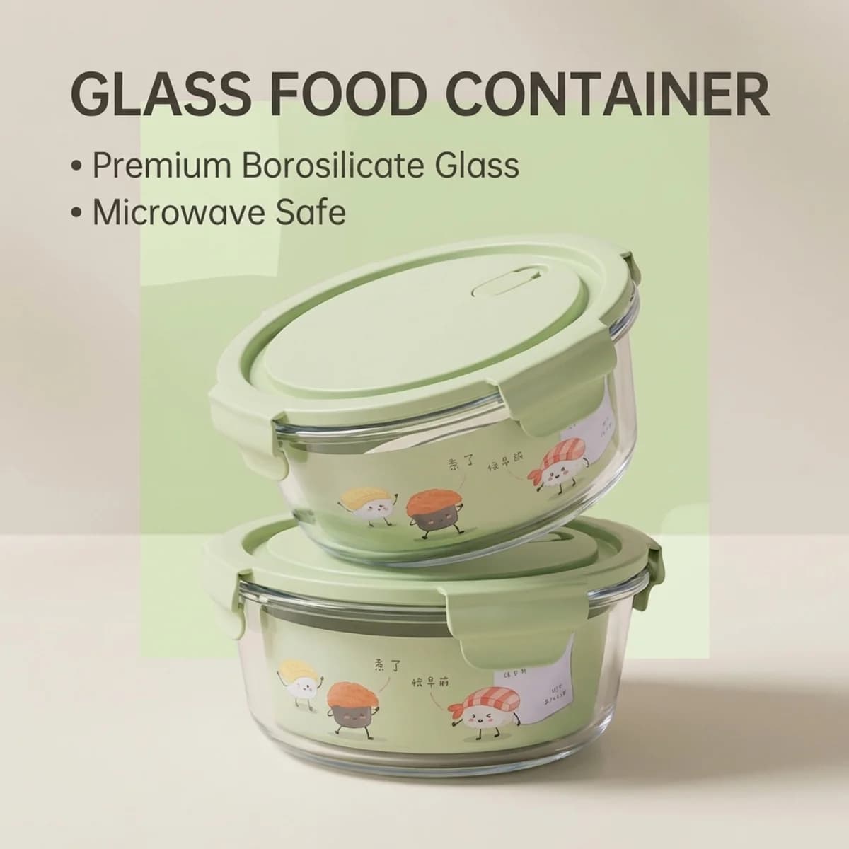 Set di Contenitori per Pranzo in Vetro Rotondi con Motivo Cartoon Verde, 2 Pezzi, Adatti per Microonde e Forno, Contenitori per Alimenti Sicuri per Forno