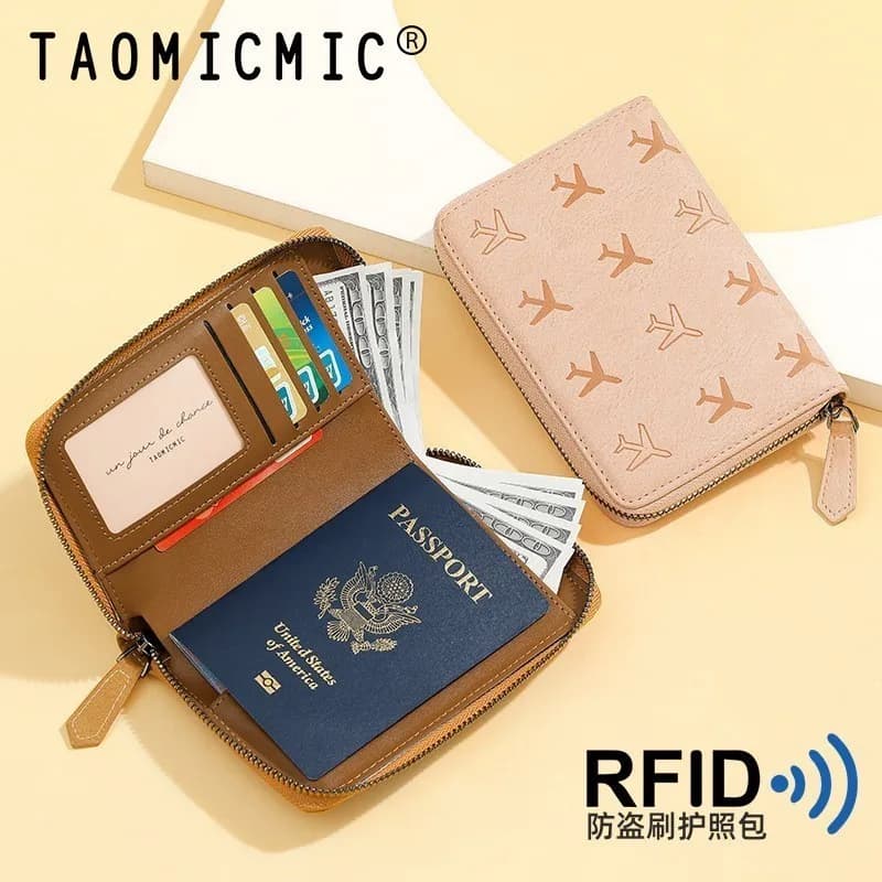 Custodia per passaporto in pelle PU con cerniera Custodia protettiva per documenti da viaggio con blocco RFID per uomo e donna Cartera De Mujer