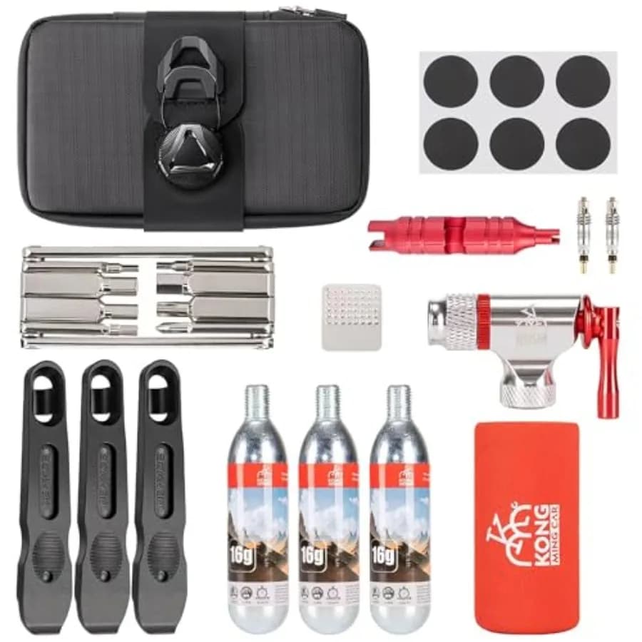 Kit di Riparazione Bici - Kit Gonfiatore CO2 con Cartucce CO2, 8 Utensili Multifunzione, Borsa da Sella, Toppe per Pneumatici e Leve per Pneumatici Inclusi