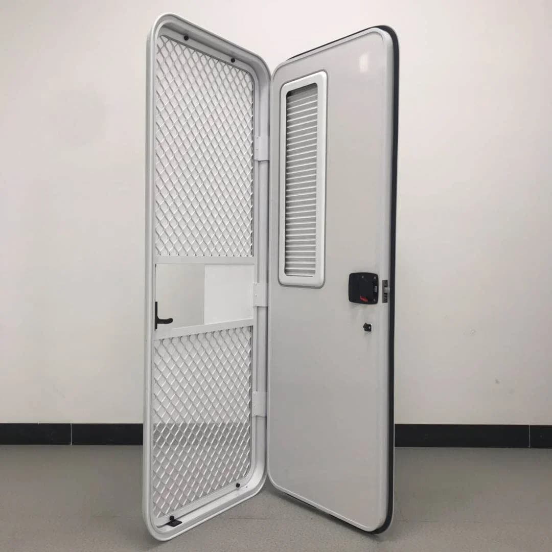 Parti per camper e camper Porta per camper in lega di alluminio stile America all'ingrosso bianca con fermaporta e rivestimento in gomma