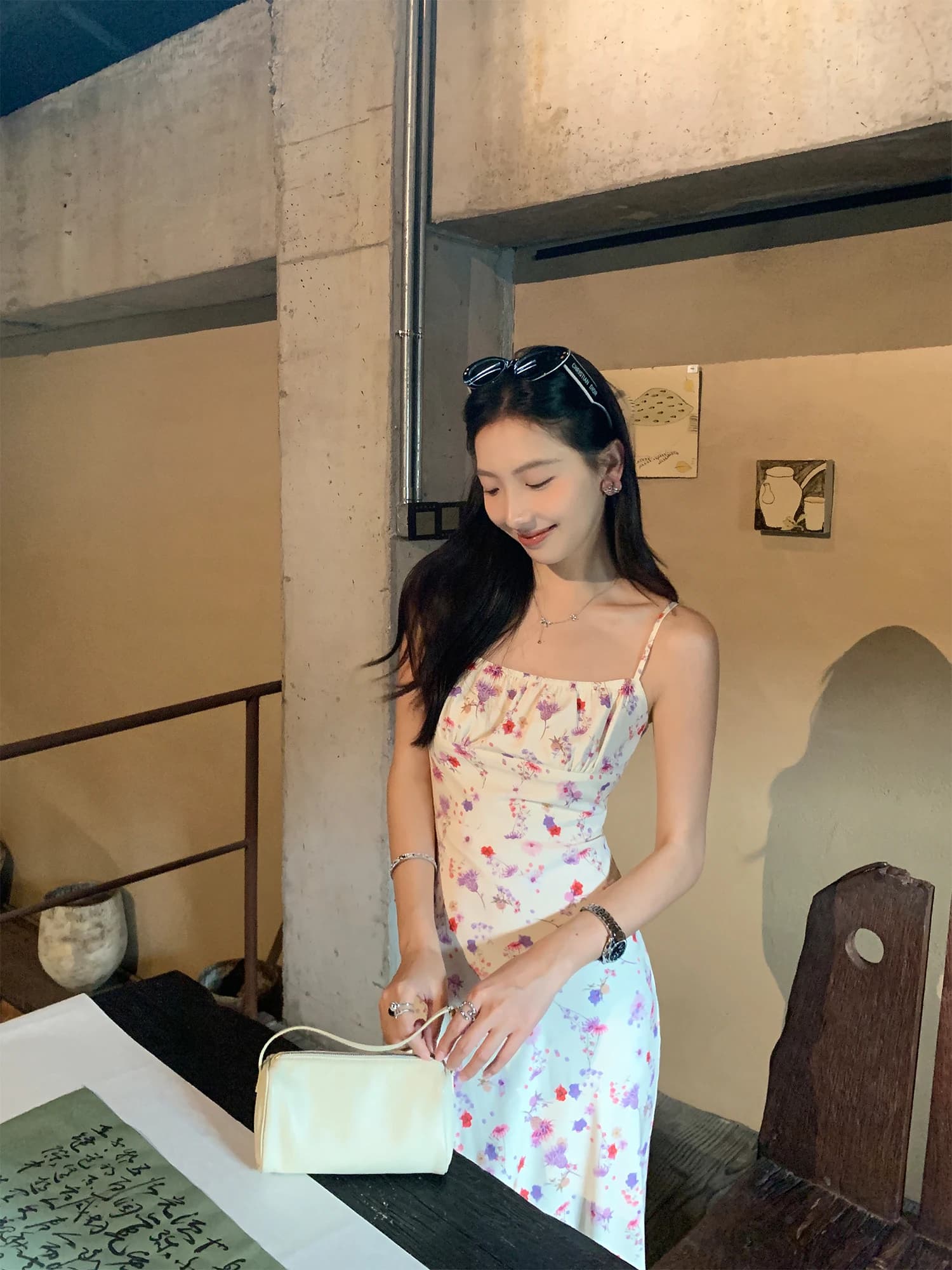 Pusumede Elegant Floral Print Halter Dress Women's High-End Feeling Vacation Style Long Dress Casual Polyester Fiber Skirt