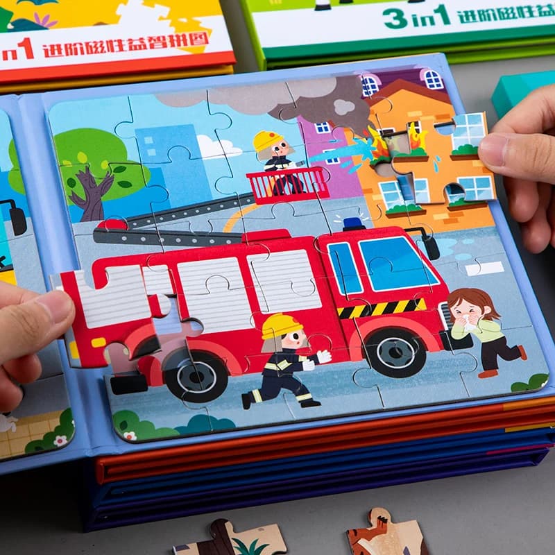 Libro magnetico educativo per bambini, puzzle per la prima infanzia, ingegneria, auto dei pompieri, animali, principesse, escavatore, magneti per frigorifero