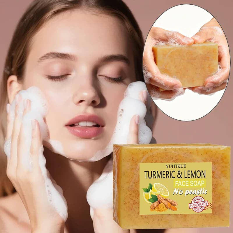Face soap with turmeric and lemon - Natural extraction of plants, handmade without plastic, deep cleaning of pores, super moisturizing