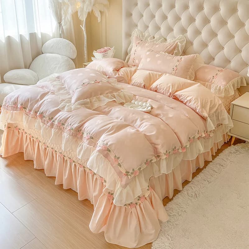 4 pezzi in puro cotone fiori francesi volant in pizzo set biancheria da letto da sposa principessa copripiumino trapuntato copriletto gonna letto federe