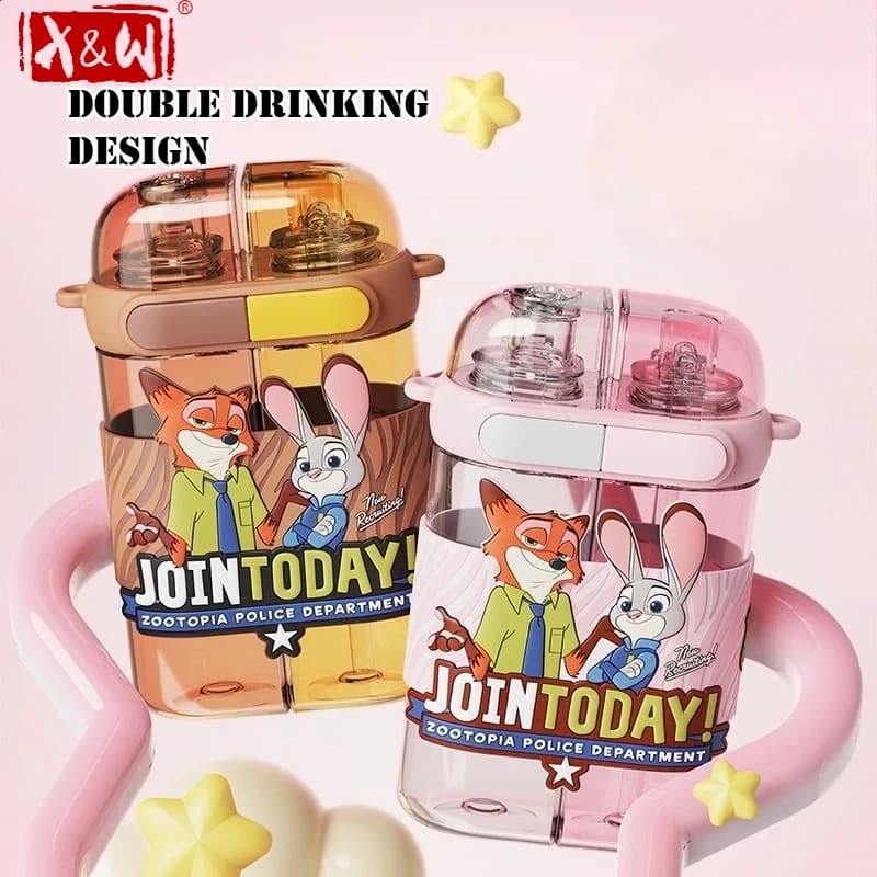Borraccia X&W 640ML Zootopia a Doppio Scomparto, Bottiglia per Bevande Doppia Judy Nick in Tritan con Cannuccia e Cordino, Borraccia Portatile per Bambini