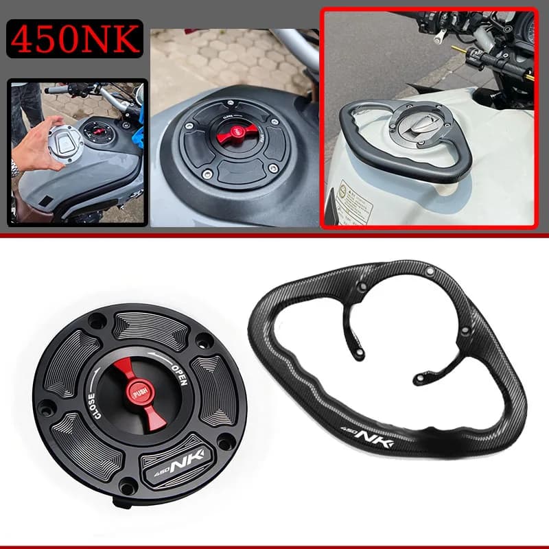 For CFMOTO 450NK NK450 Motorcycle CNC Fuel Gas Tank Cap Cover Aluminum Keyless Rear Passenger Armrest OF Fuel Tank Armrest