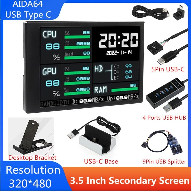 Schermo secondario IPS USB Type-C da 3,5 pollici AIDA64 LCD CPU GPU RAM Schermo di monitoraggio Display sottoschermo per computer portatile