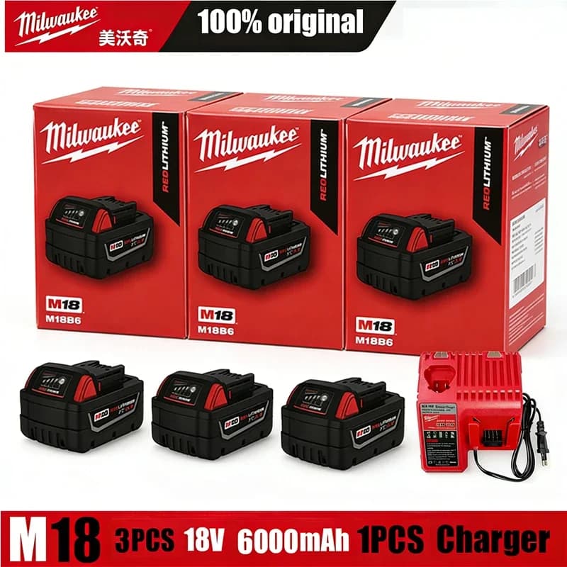 Batteria Originale Milwaukee 100% Autentica 6000mAh M18 18V, M18B6 M18B5 Adatta per Utensili Elettrici Milwaukee, Batteria al Litio Ricaricabile