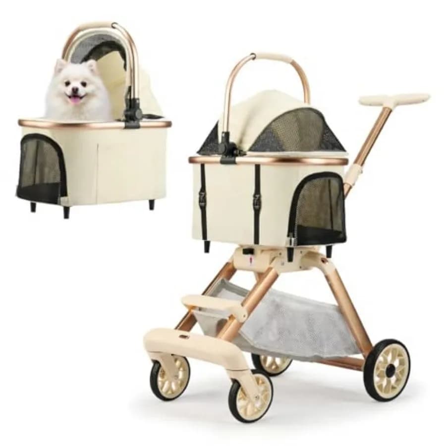 Passeggino per Cani di Piccola Taglia - Passeggino 3 in 1 con Manico Regolabile e Sedile Auto Rimovibile, Passeggino Pieghevole per Gatti
