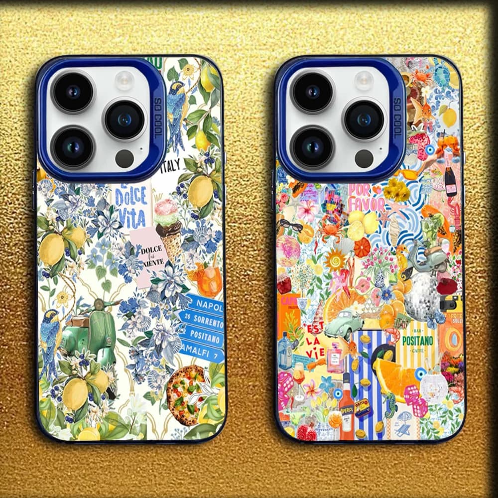 Custodia per telefono con vino e limone con scenario marino per iPhone 16,15,14,13,12,11, Mini,Pro,MAX Cover in silicone blu opaco