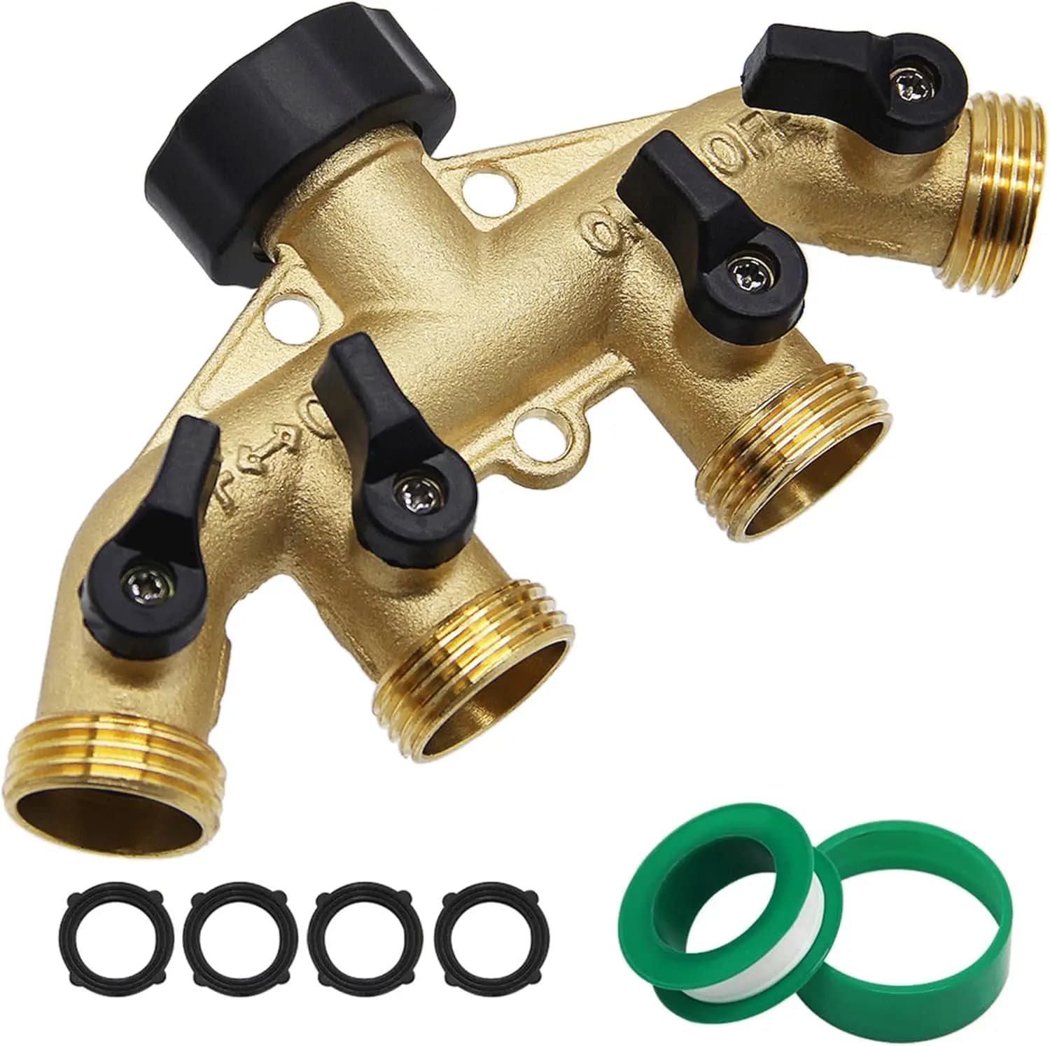 Sdoppiatore per Tubo da Giardino a 4 Vie in Ottone, Collettore per Rubinetto da Giardino da 3/4'', Connettore per Acqua Resistente