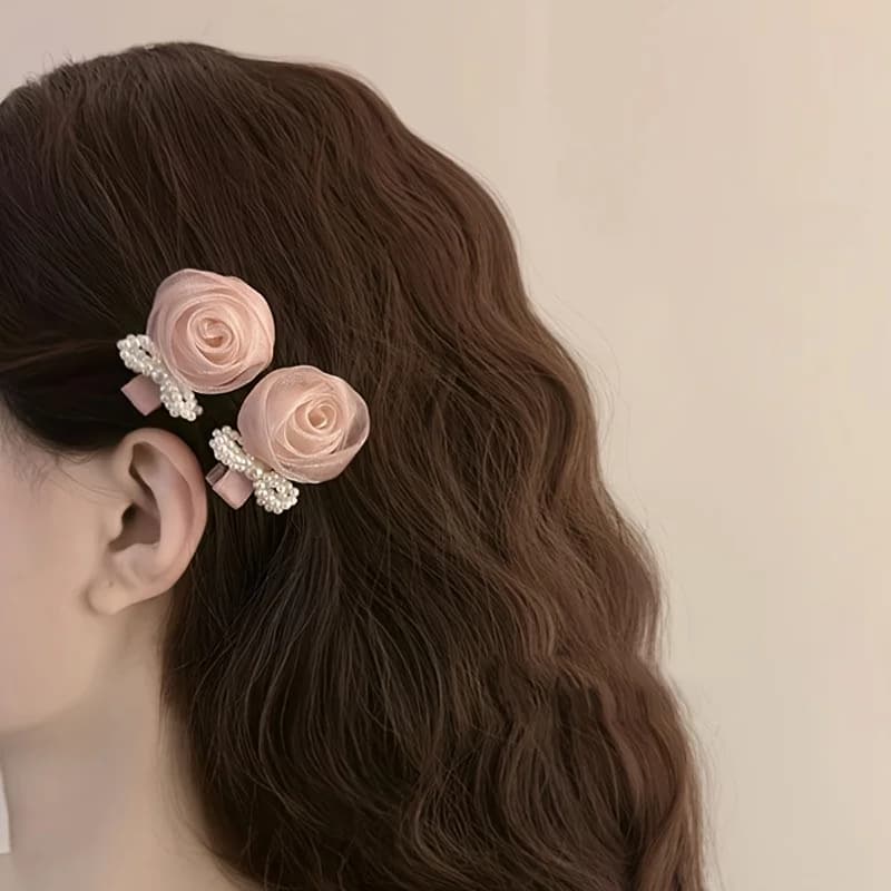 2 fermagli per capelli a forma di fiocco con perle finte rosa per donna, fermagli a becco d'anatra per frangia, accessori per capelli dall'atmosfera dolce