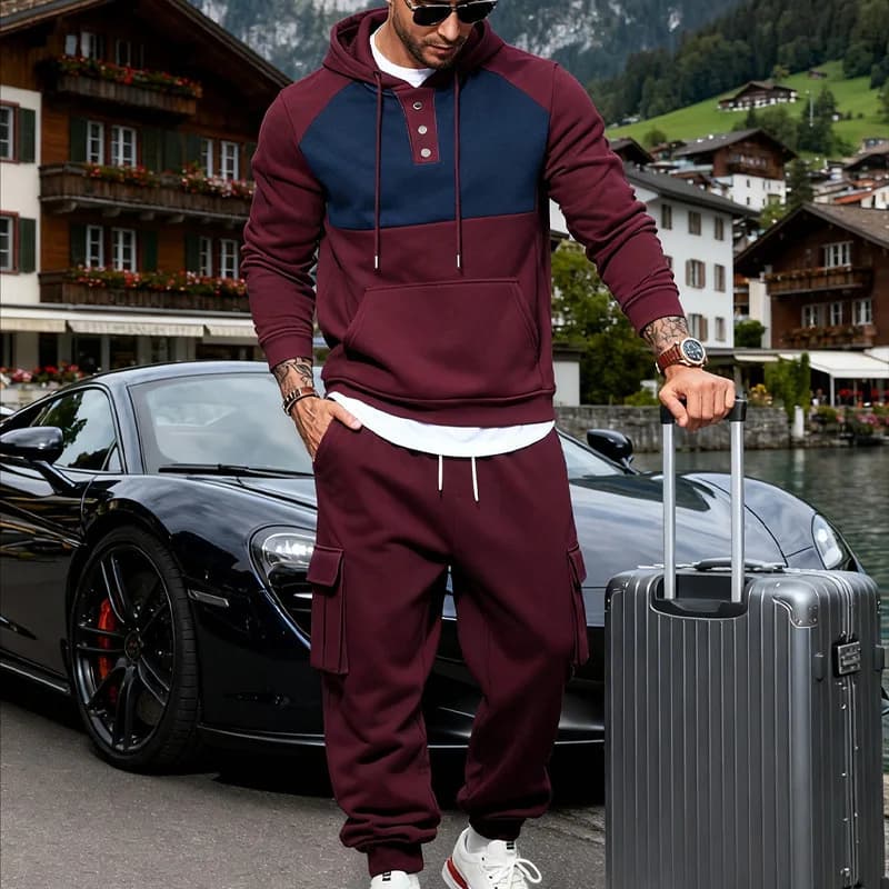 Set Felpa con Cappuccio Color Block da Uomo, Felpa Casual con Mezza Zip e Pantaloni Cargo, Tuta Sportiva in 2 Pezzi