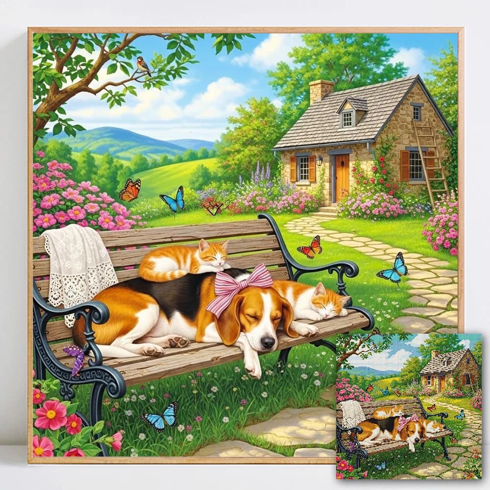 Pittura Diamantata Paesaggistica, Mosaico Completo Quadrato/Rotondo, Immagine di Gatto con Strass, Decorazione per la Casa