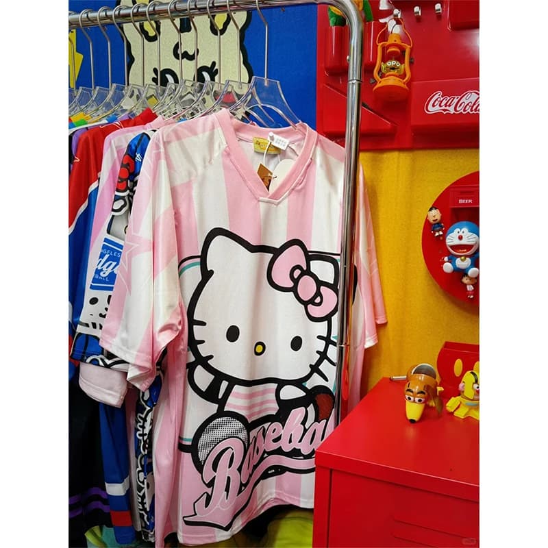 2025 Sanrio Musica Hello Kitty Football T-shirt with V-neck Cartoon Sports Clothing Kid Adult Trained Casual Breathable Sport Streetwear Tee