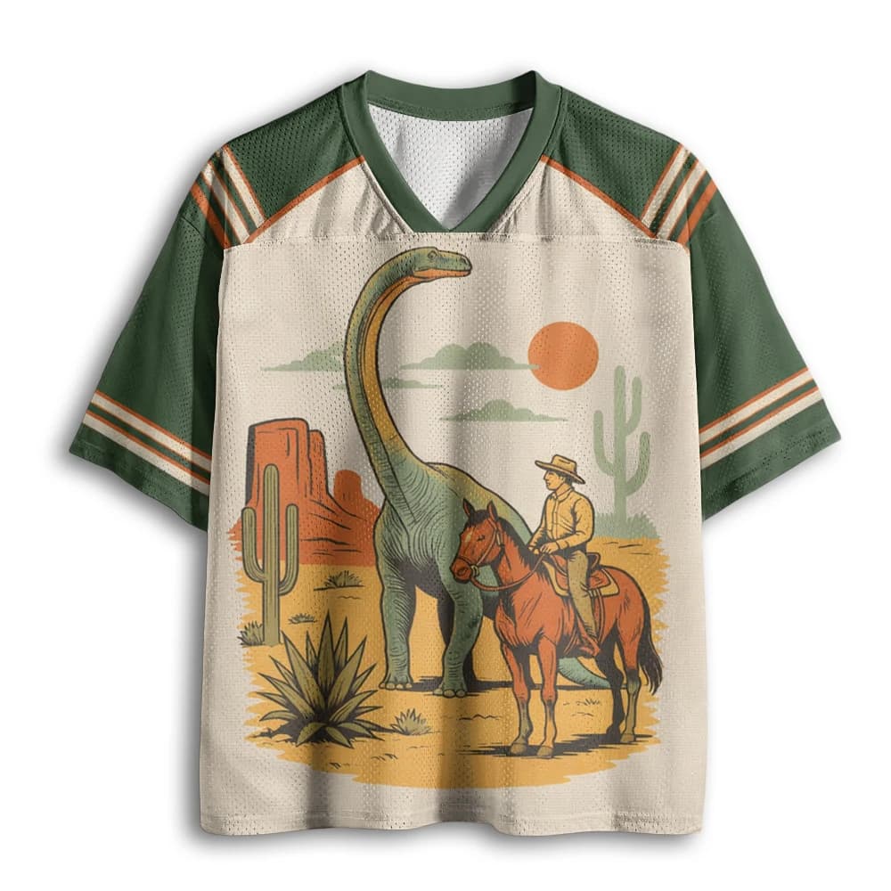Vintage Western Cowboy Dinosaur Desert Sunset Retro Stripe Mesh V Neck Loose Football Jersey T-shirt