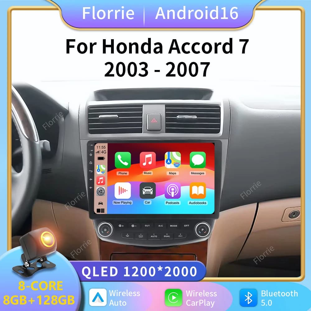 Android 16 Head Unit For Honda Accord 7 2003-2007 Multimedia Player GPS Navigation Stereo Head Unit 2K DVD QLED Screen 5G