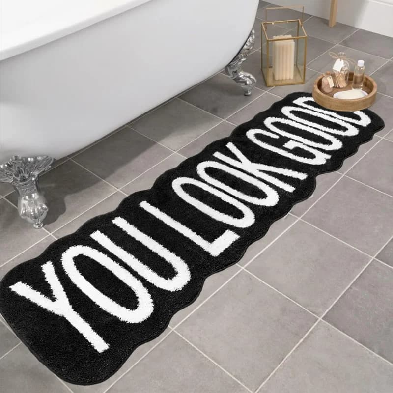 VIKAMA Black White You Look Good Text Printed Bath Runner Mat Non Slip Fluffy Absorbent Letter Rug Bathroom Shower Floor Decor P