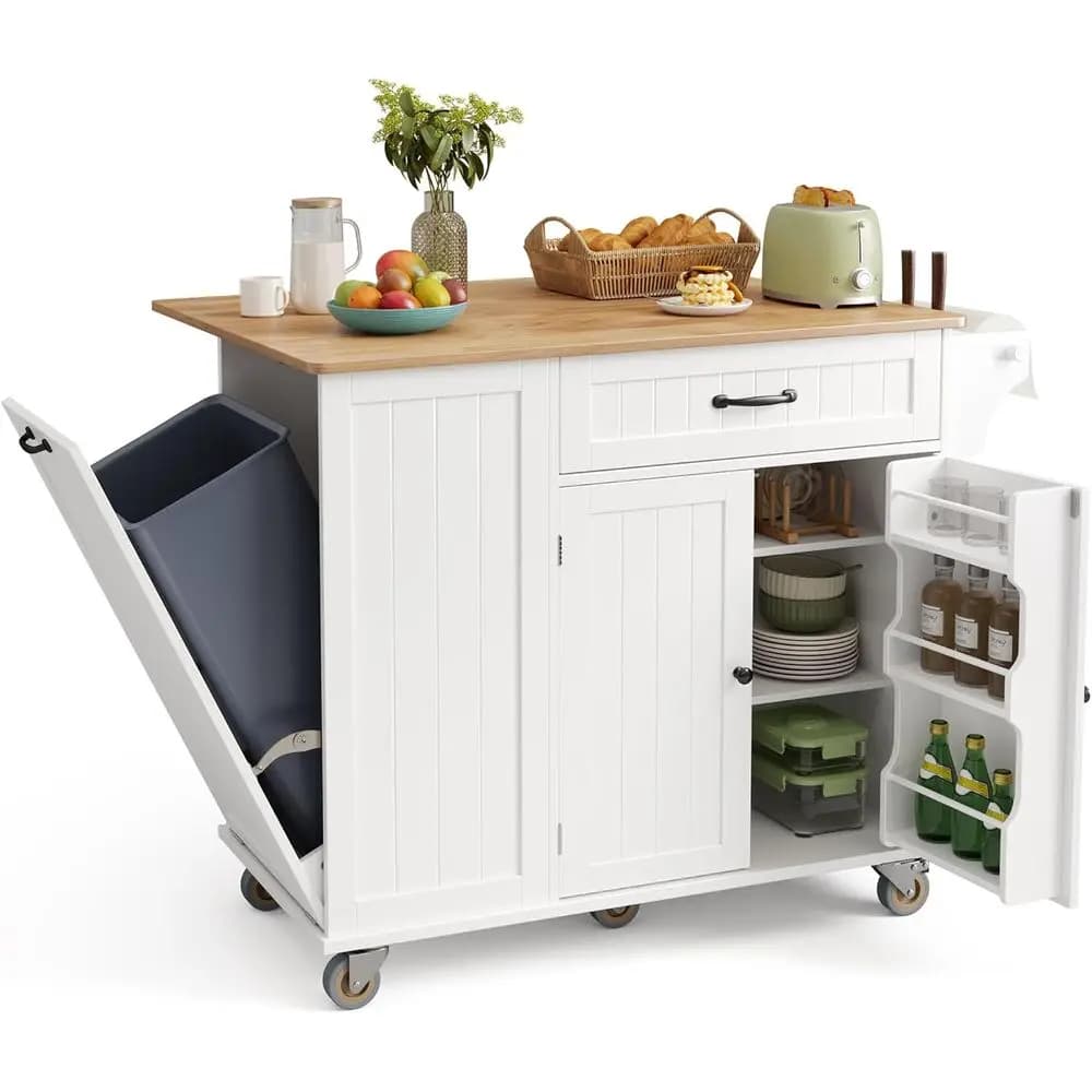 Isola da cucina bianca 44.49 con contenitore, cestino per rifiuti, ripiani regolabili, portasciugamani e portaspezie