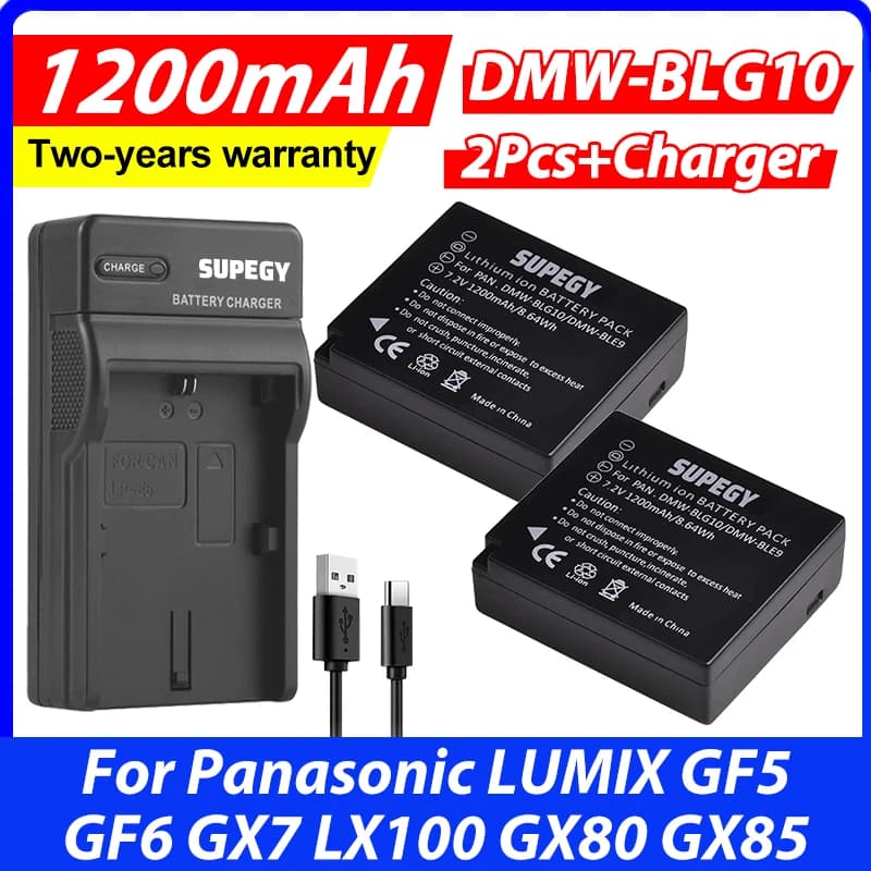 2 batterie da 1200mAh DMW-BLG10 BLG10 BLG10E DMW-BLE9 + caricatore USB per Panasonic LUMIX GF5 GF6 GX7 LX100 GX80 GX85
