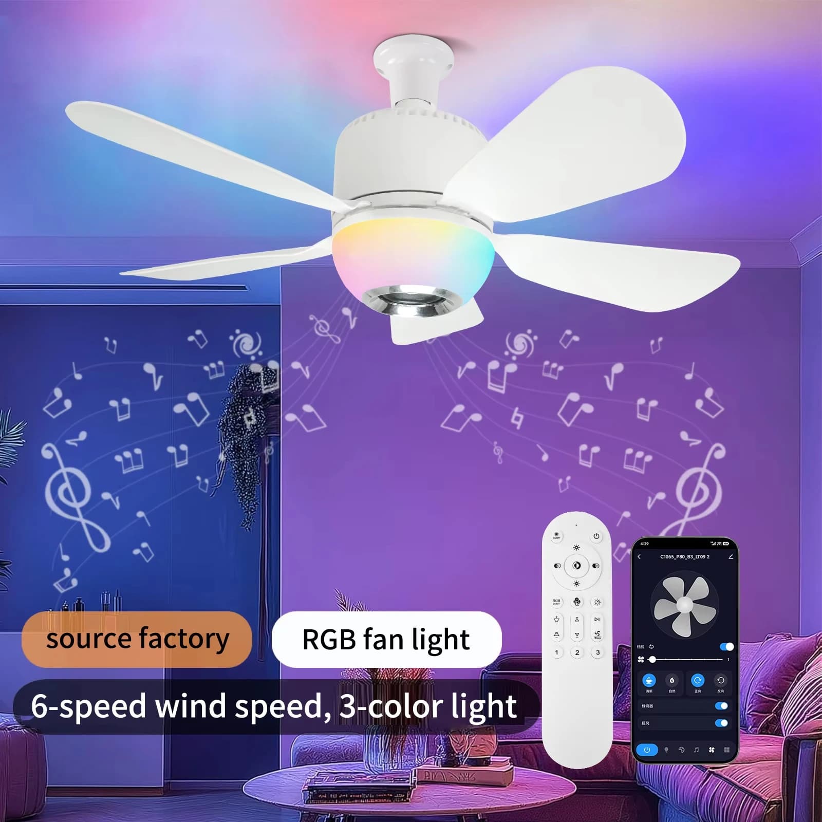 Ventilatore da Soffitto RGB Intelligente E27 con Altoparlante, Modalità Dimmerabile, Telecomando a 3 Velocità, Controllo APP