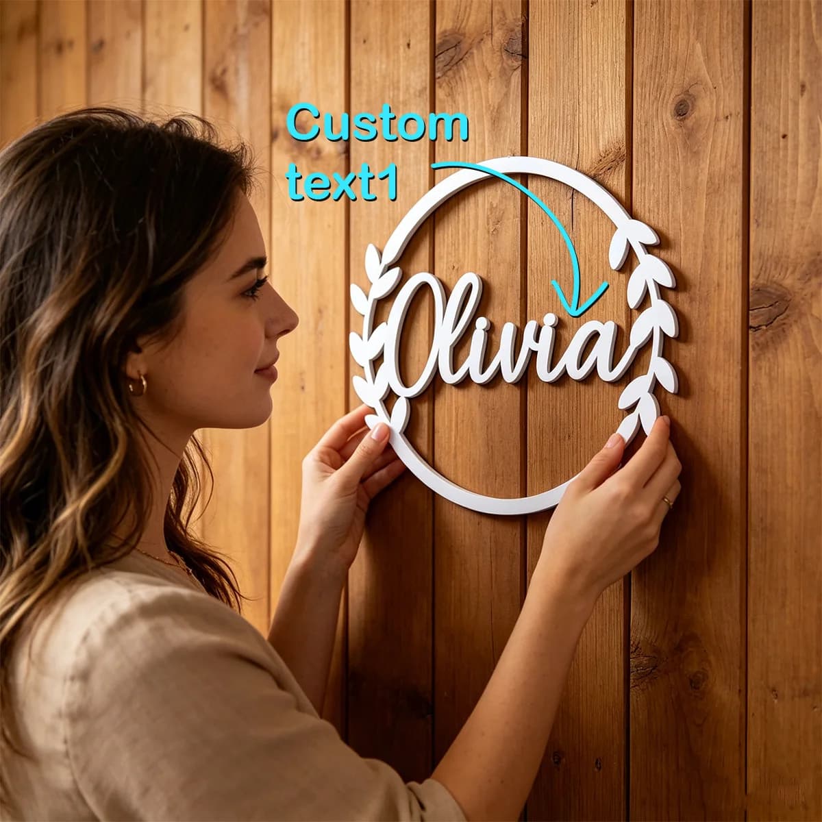 1pc Custom Laurel Wreath Wooden Name Sign Personalized Script Text Round Wall Plaque Farmhouse Home Decor Gift