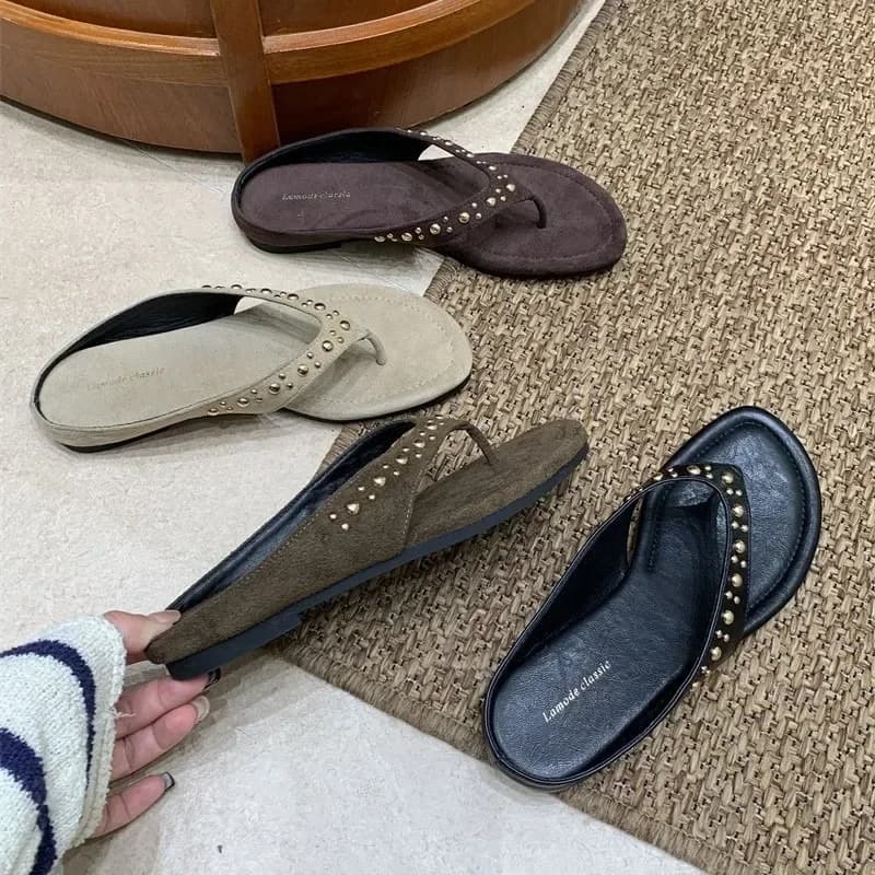 2026 New Vintage Rivet Women Clip Toe Flats Slippers Concise Slip on Non Slip Slides Outdoor Daily Walking Vacation Dress Shoes
