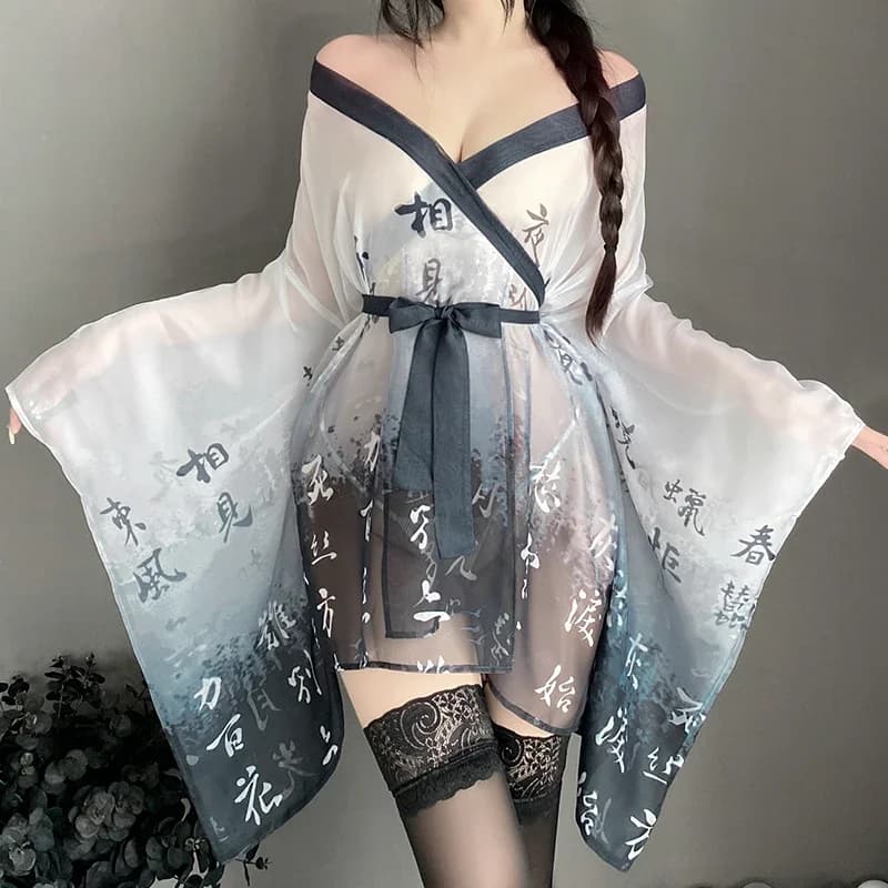Kimono giapponese porno Women Robes Sexy Lingerie See Through Mesh camicia da notte prospettiva accappatoio tentazione pigiama