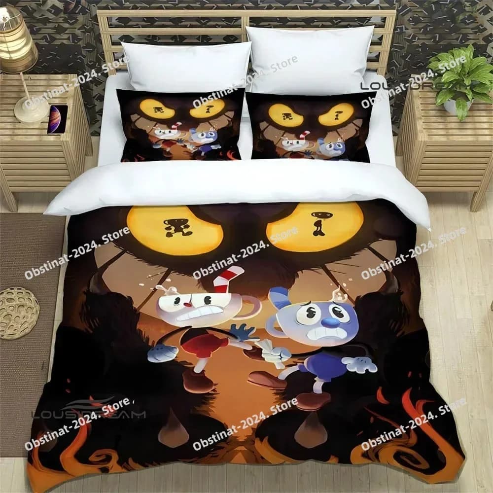 Set biancheria da letto 3D Cuphead Stampato singolo Piumino Copri letto Copripiumino Federa Set da 3 pezzi Regalo di lusso per bambini per adulti