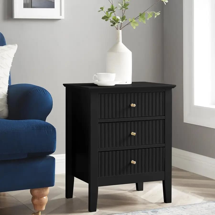 Comodino con cassetti, comodino nero a 3 cassetti ribaltati, comodino da 24 pollici, tavolino con maniglie dorate, tavolino per L