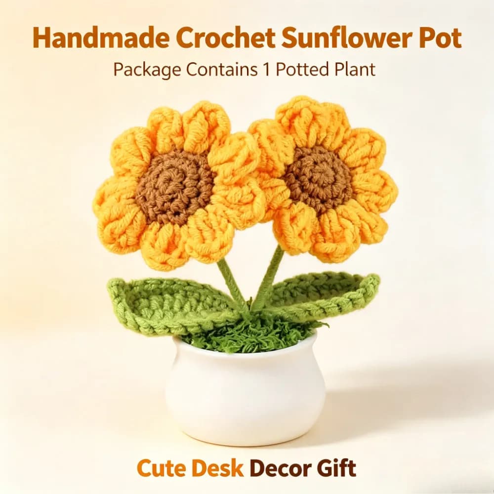 Handmade Sunflower Potted Plant Knitted Artificial Flowers Fake Flowers Ornament Home Office Decor Floral Craft Souvenir Gift