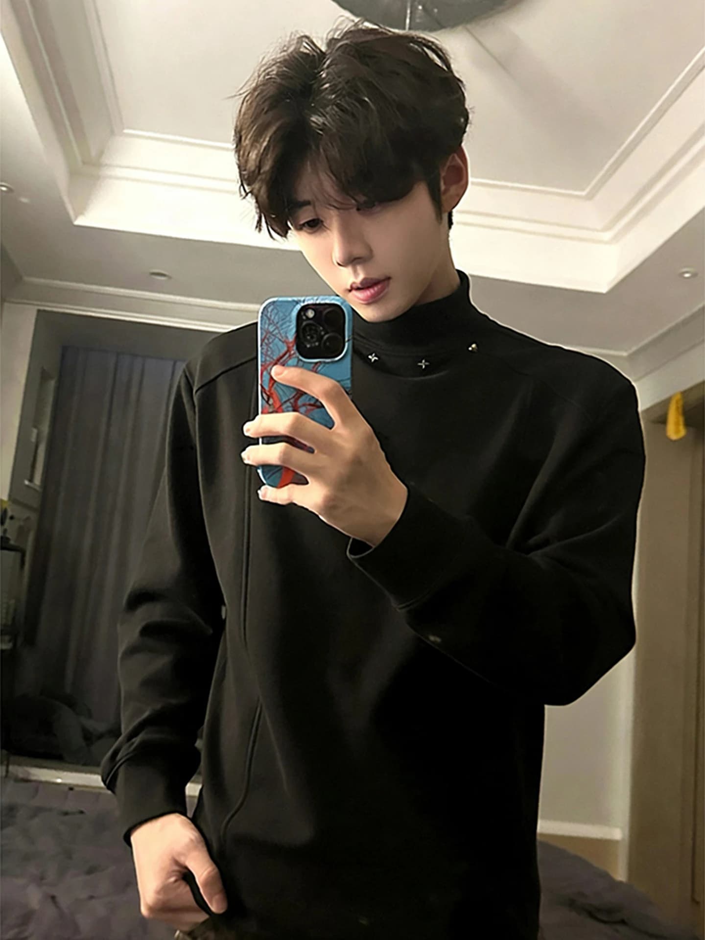 Black Long Sleeve Half High Collar Men's Thermal Shirt American Style T-Shirt Dervo Base Layer Top for Autumn Winter