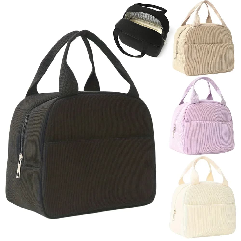 Borsa Bento riutilizzabile con isolamento termico Borsa da pranzo portatile in velluto a coste ricamata per bambini Ideale per andare a scuola/Viaggi Viaggi di lavoro