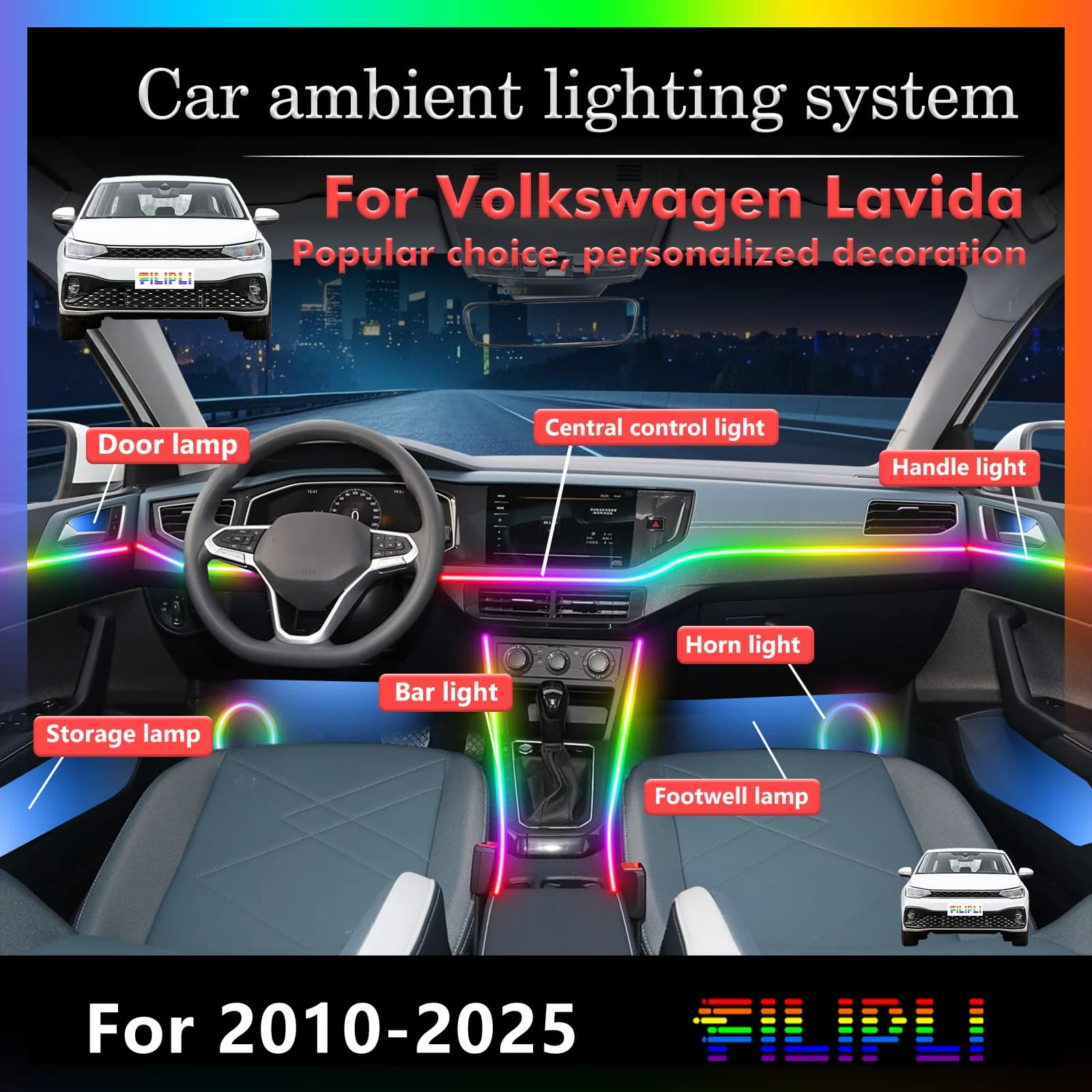 18 In1 for Volkswagen Lavida series PQ34‌ MQB Car LED Ambient Lamps Colorful Atmosphere Lights Auto Interior Neon Strip 64 RGB